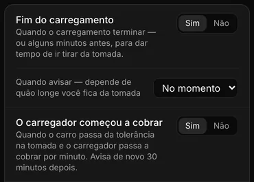 Configuração de avisos no Carllog: Fim do carregamento ligado, avisa no momento; O carregador começou a cobrar ligado, avisa quando o carro passa da tolerância na tomada e o carregador passa a cobrar por minuto, e de novo 30 minutos depois.