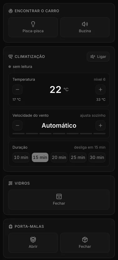 Controle remoto de um King DM-i na demonstração do Carllog: Encontrar o carro, com Pisca-pisca e Buzina; Climatização com o botão Ligar, temperatura em 22 °C (de 17 °C a 33 °C), ventilação automática e duração de 15 minutos; Vidros, com Fechar; Porta-malas, com Abrir e Fechar.