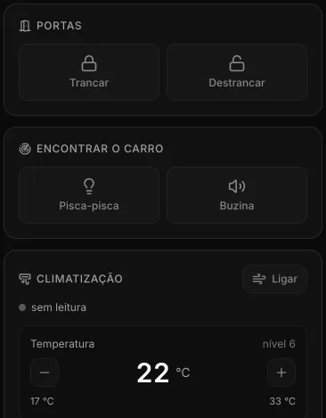 Tela de controle remoto do Dolphin Mini na demonstração do Carllog: Portas, com Trancar e Destrancar; Encontrar o carro, com Pisca-pisca e Buzina; Climatização com o botão Ligar e a temperatura em 22 °C (nível 6), ajustável de 17 °C a 33 °C.