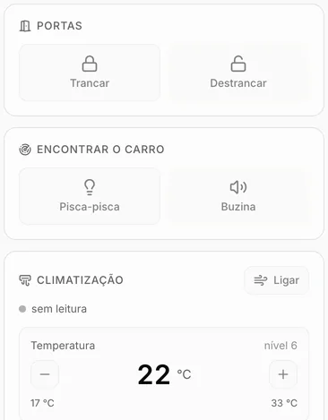 Tela de controle remoto do Dolphin Mini na demonstração do Carllog: Portas, com Trancar e Destrancar; Encontrar o carro, com Pisca-pisca e Buzina; Climatização com o botão Ligar e a temperatura em 22 °C (nível 6), ajustável de 17 °C a 33 °C.